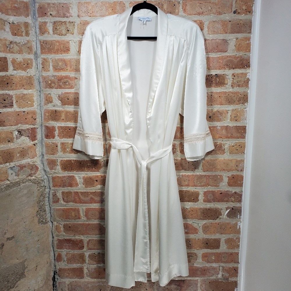 Christian Dior Vintage White Silky Satin & Lace Robe